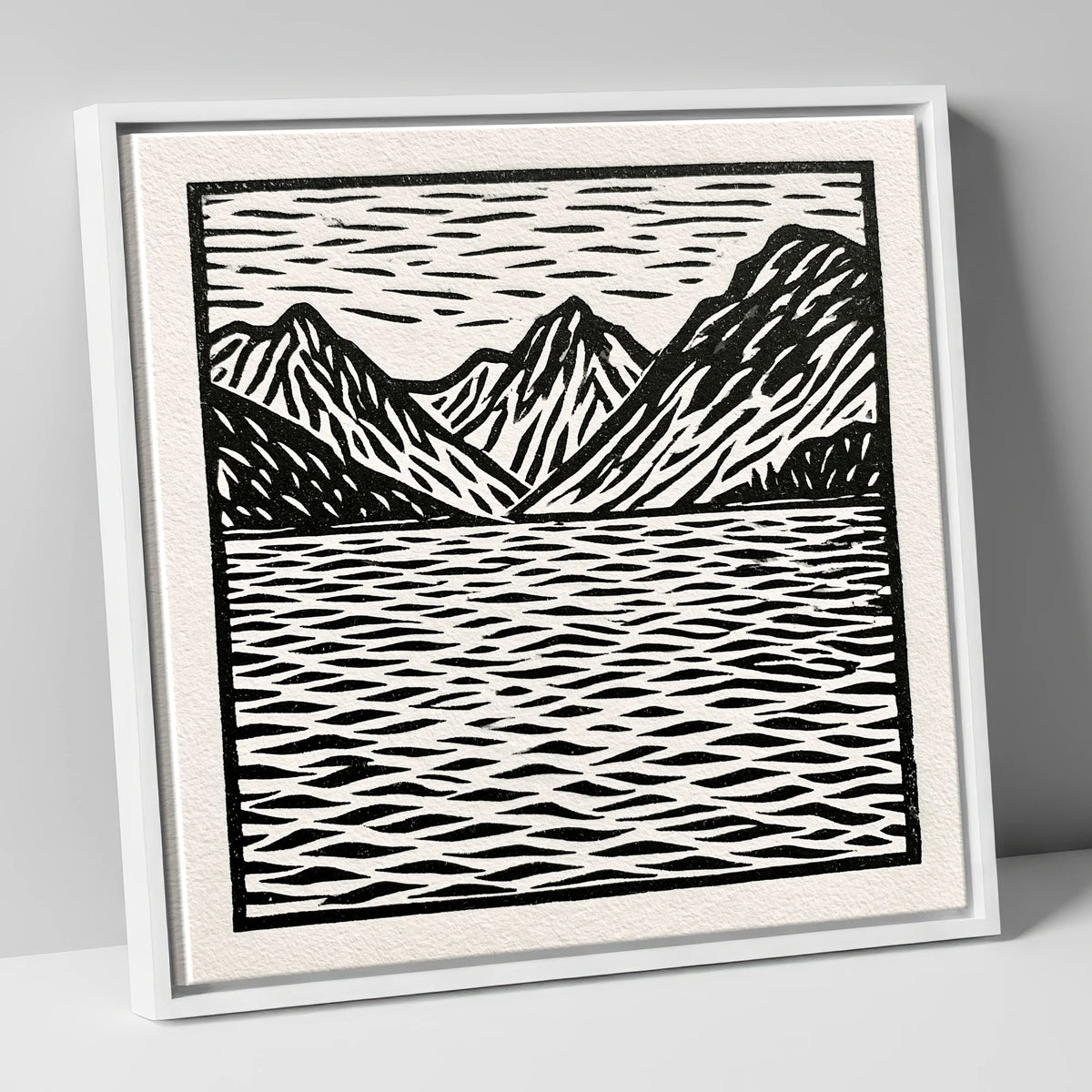 Monochrome Fells and Lake Reflections lake district lake canvas wall art in white frame
