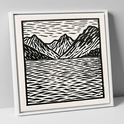 Monochrome Fells and Lake Reflections lake district lake canvas wall art in white frame