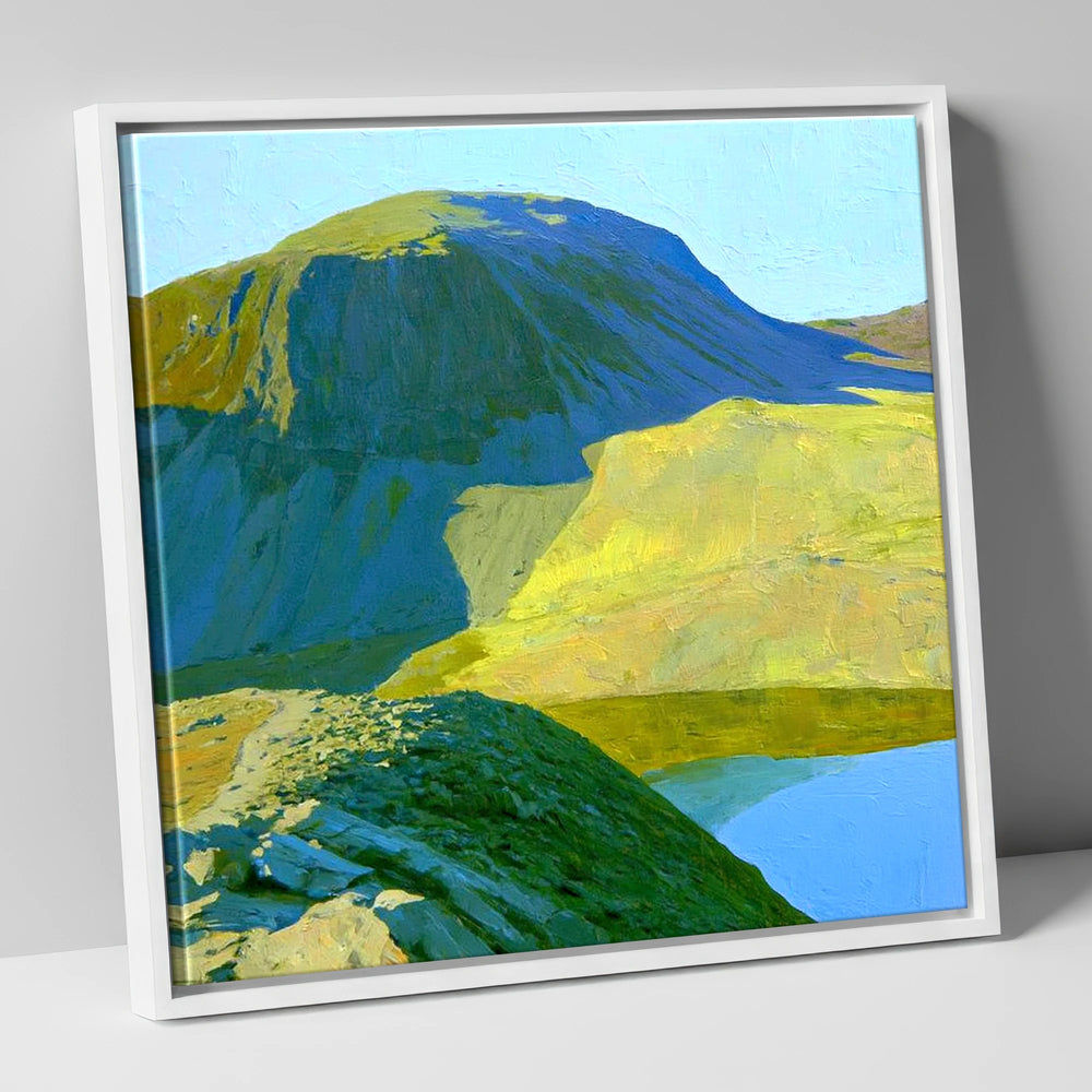 Vibrant Green Gable and Tarn lake district fell canvas wall art in white frame