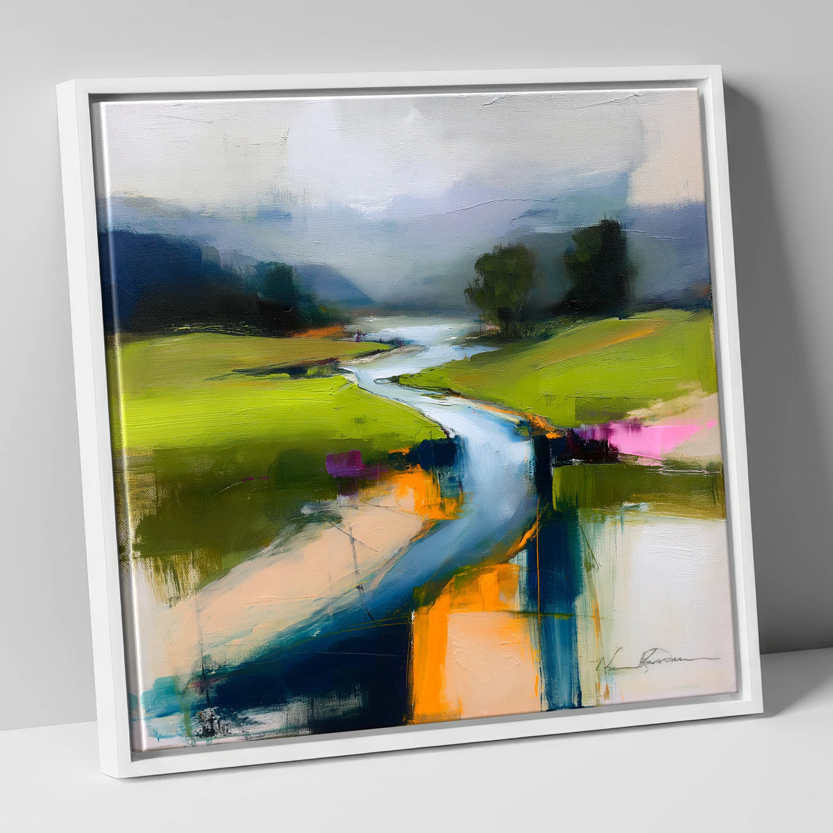Vibrant Winding River and Valley lake district waterfall canvas wall art in white frame