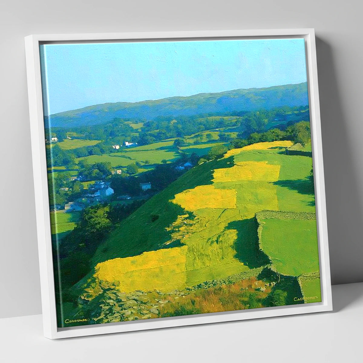 Sunlit Patchwork on Baystones Ridge lake district fell canvas wall art in white frame