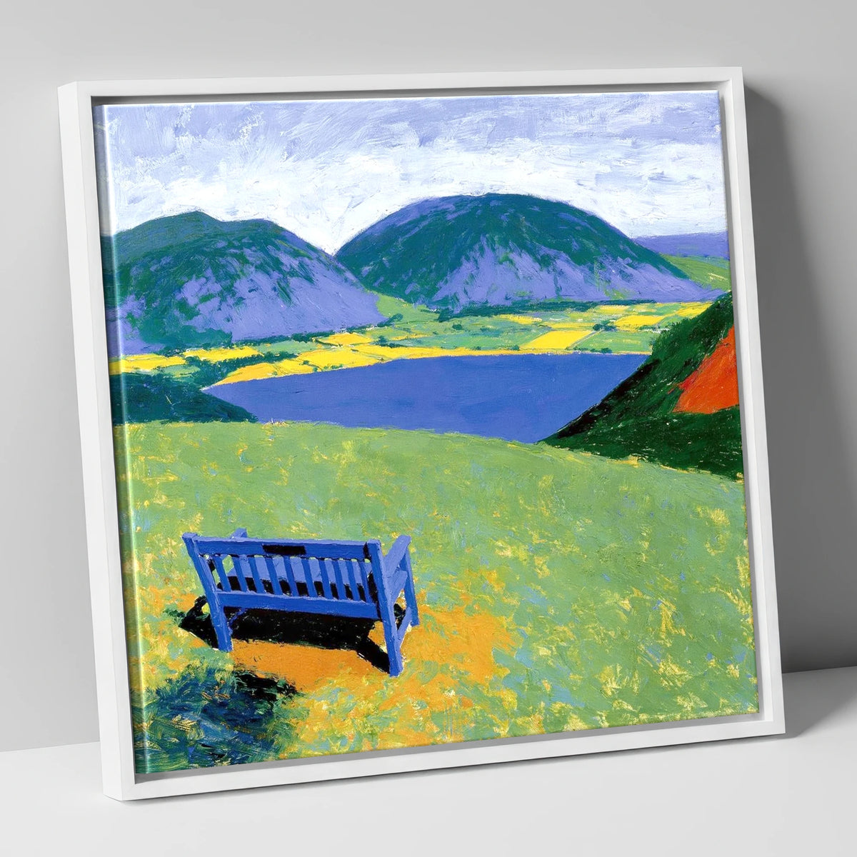 Blue Bench Above Loweswater lake district lake canvas wall art in white frame