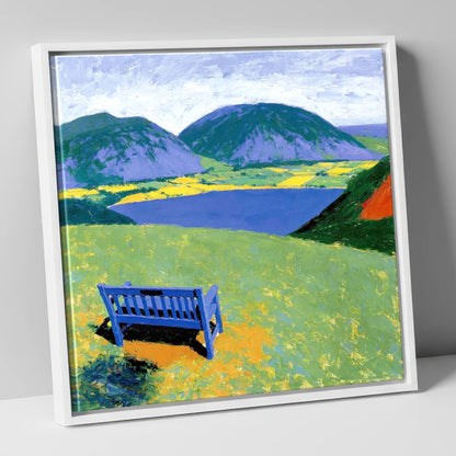 Blue Bench Above Loweswater lake district lake canvas wall art in white frame