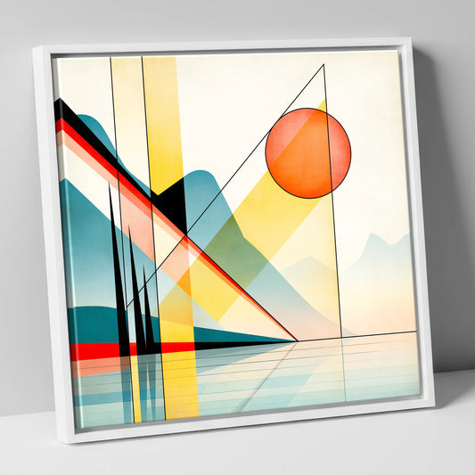 Geometric Dawn Over the Lake lake district lake canvas wall art in white frame