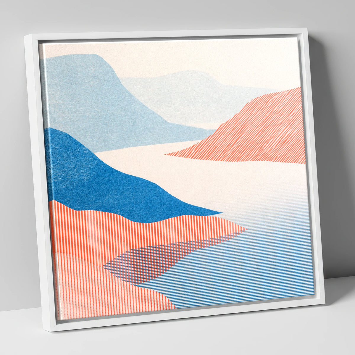 Coniston Water Fells in Coral lake district lake canvas wall art in white frame