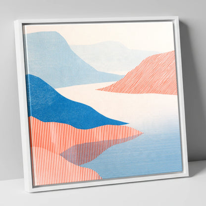 Coniston Water Fells in Coral lake district lake canvas wall art in white frame