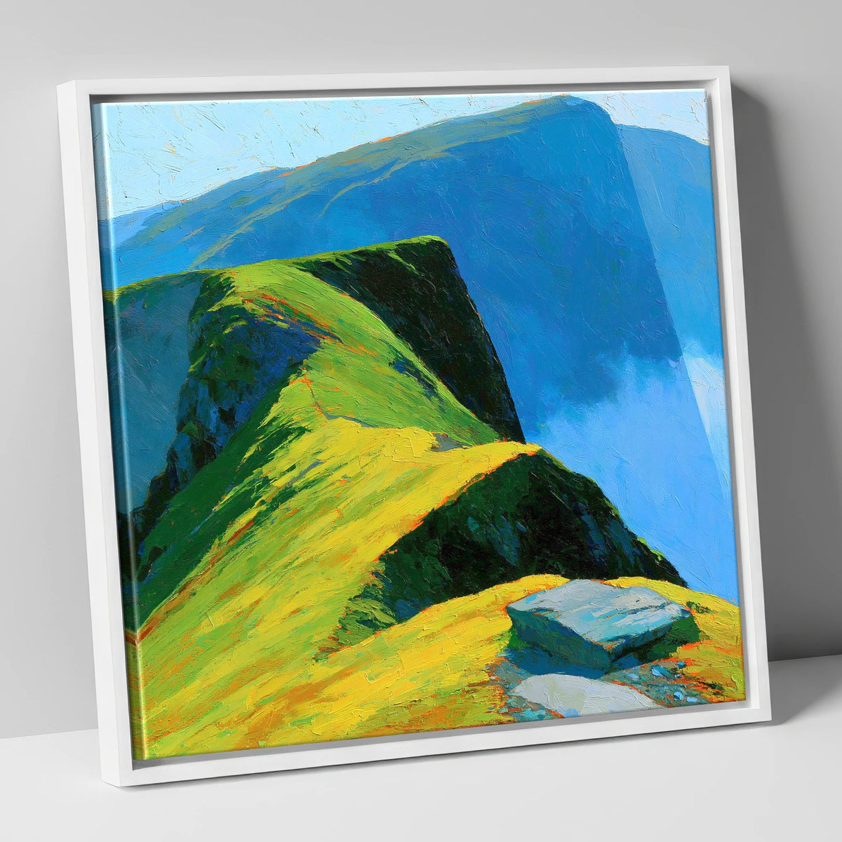 Sunlit Ridge and Deep Blue Crags lake district fell canvas wall art in white frame