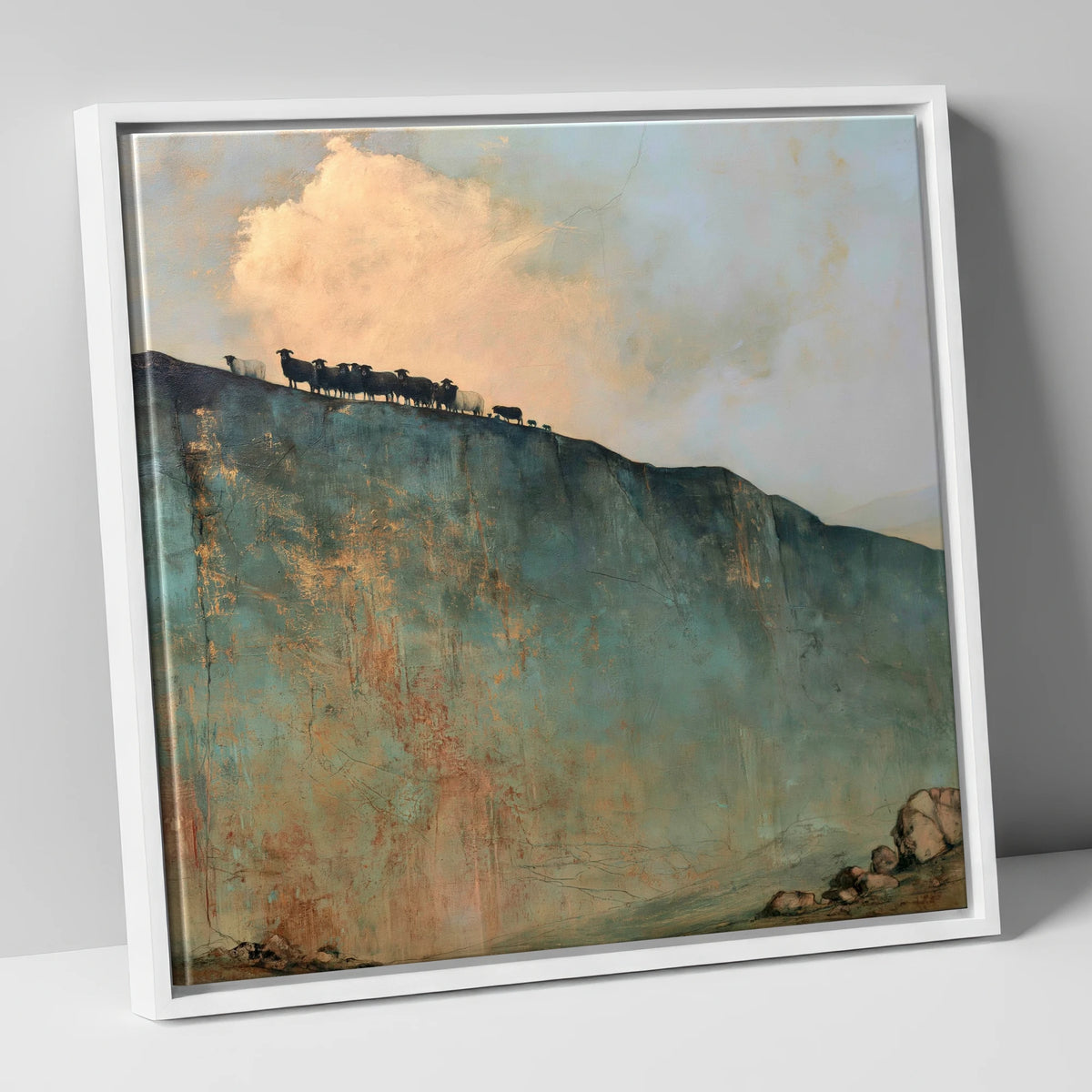 Herdwicks on a Fell Skyline lake district wildlife canvas wall art in white frame