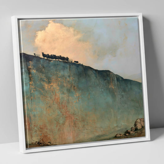 Herdwicks on a Fell Skyline lake district wildlife canvas wall art in white frame