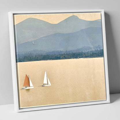 Windermere Sailboats Beneath Slate Fells lake district lake canvas wall art in white frame