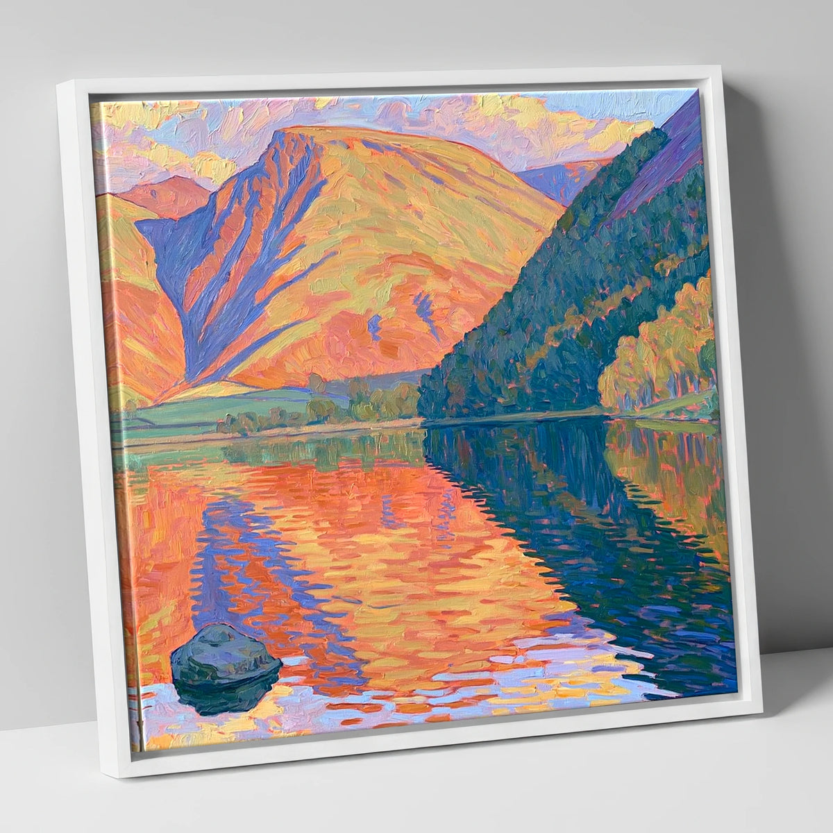 Vibrant Loweswater Sunset Reflections lake district lake canvas wall art in white frame