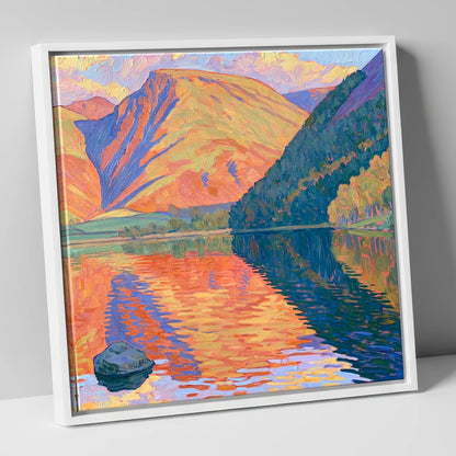Vibrant Loweswater Sunset Reflections lake district lake canvas wall art in white frame