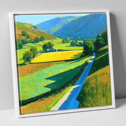 Vibrant Valley Below Blue Fells lake district valley canvas wall art in white frame