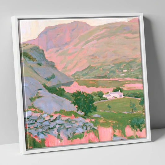 Pastel Light Over Valley Cottage lake district valley canvas wall art in white frame