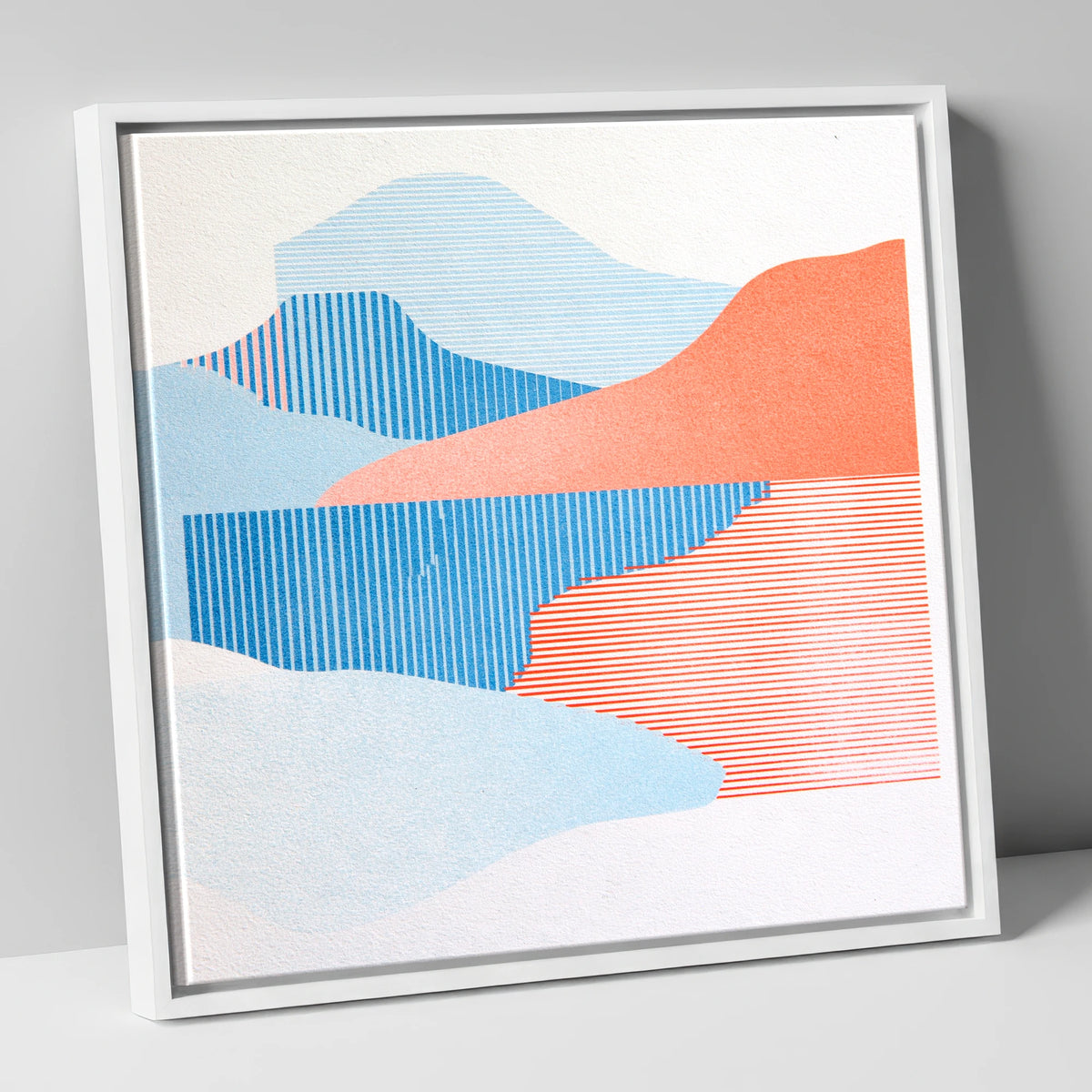 Graphic Lake Reflections In Coral lake district lake canvas wall art in white frame