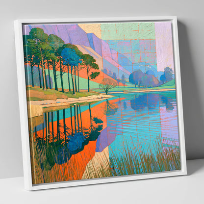 Bold Pine Tree Reflections lake district lake canvas wall art in white frame
