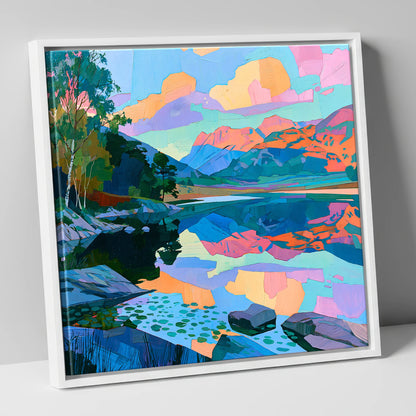 Pastel Dawn Over Still Lake lake district lake canvas wall art in white frame