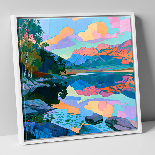 Pastel Dawn Over Still Lake lake district lake canvas wall art in white frame