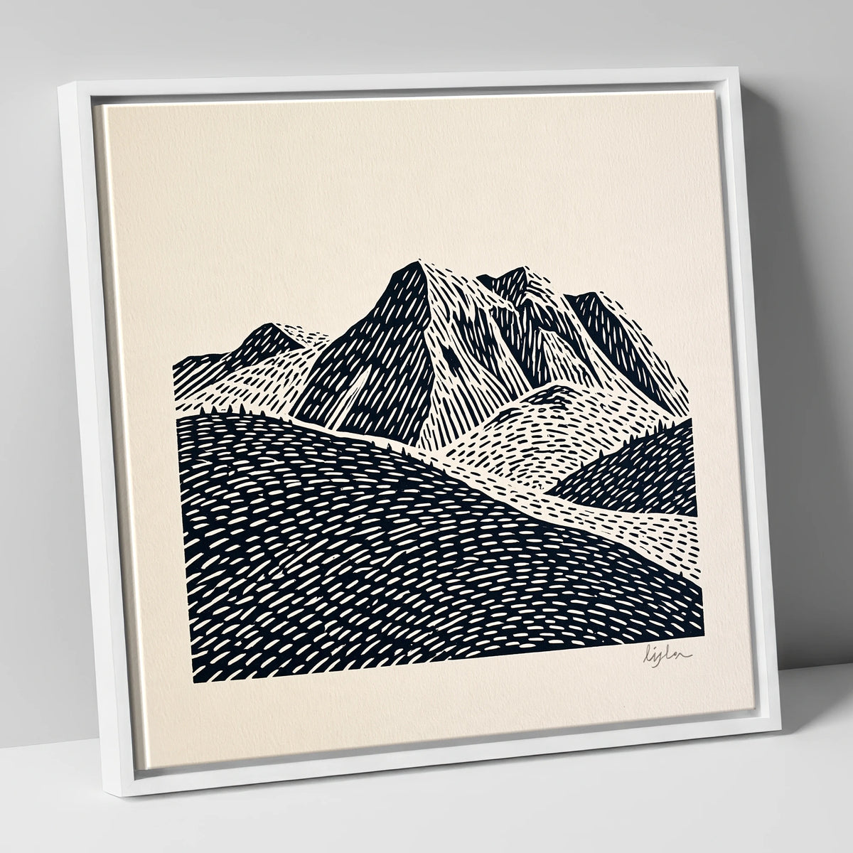 Bold Monochrome Bowfell Peaks lake district fell canvas wall art in white frame