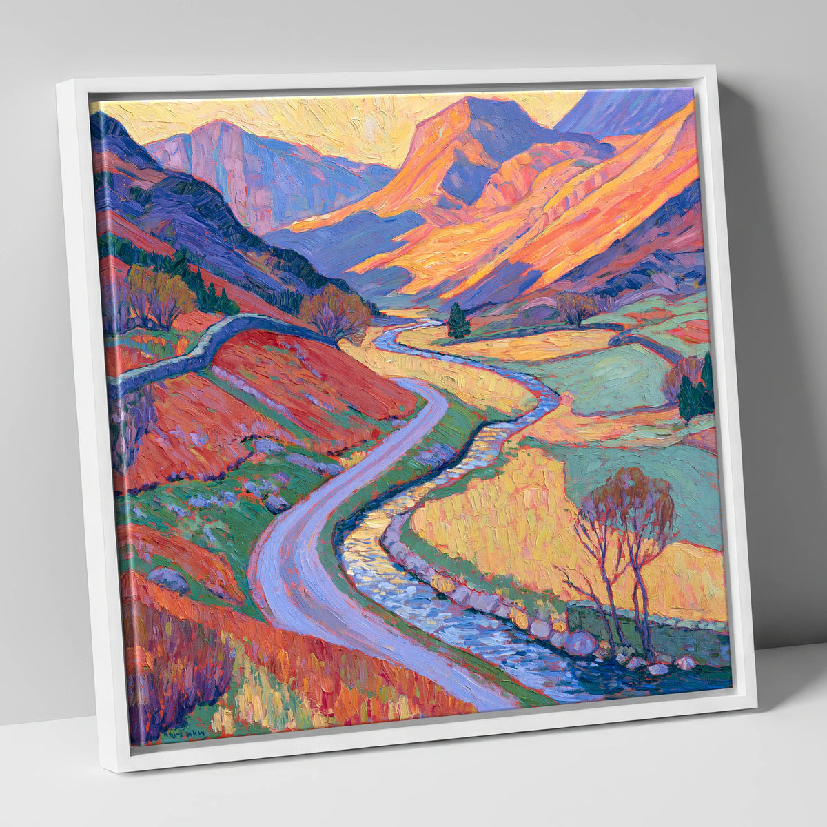 Winding Valley River in Radiant Amber lake district waterfall canvas wall art in white frame