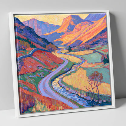 Winding Valley River in Radiant Amber lake district waterfall canvas wall art in white frame