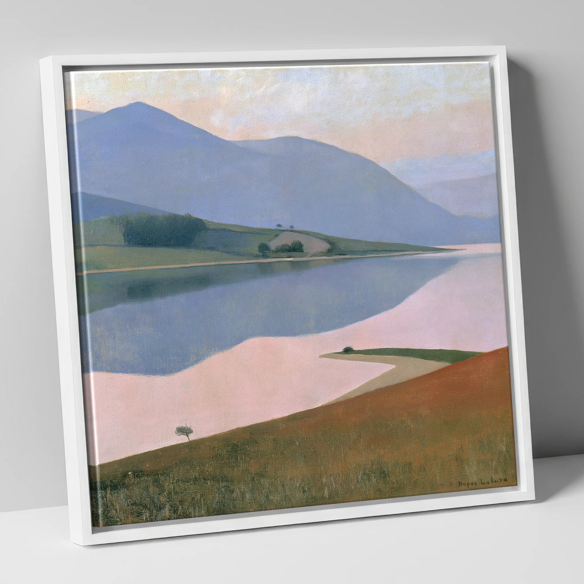 Pastel Fells and Still Lake lake district lake canvas wall art in white frame