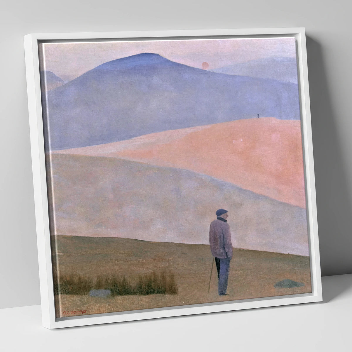 Lone Fell Walker at Dusk lake district walking canvas wall art in white frame