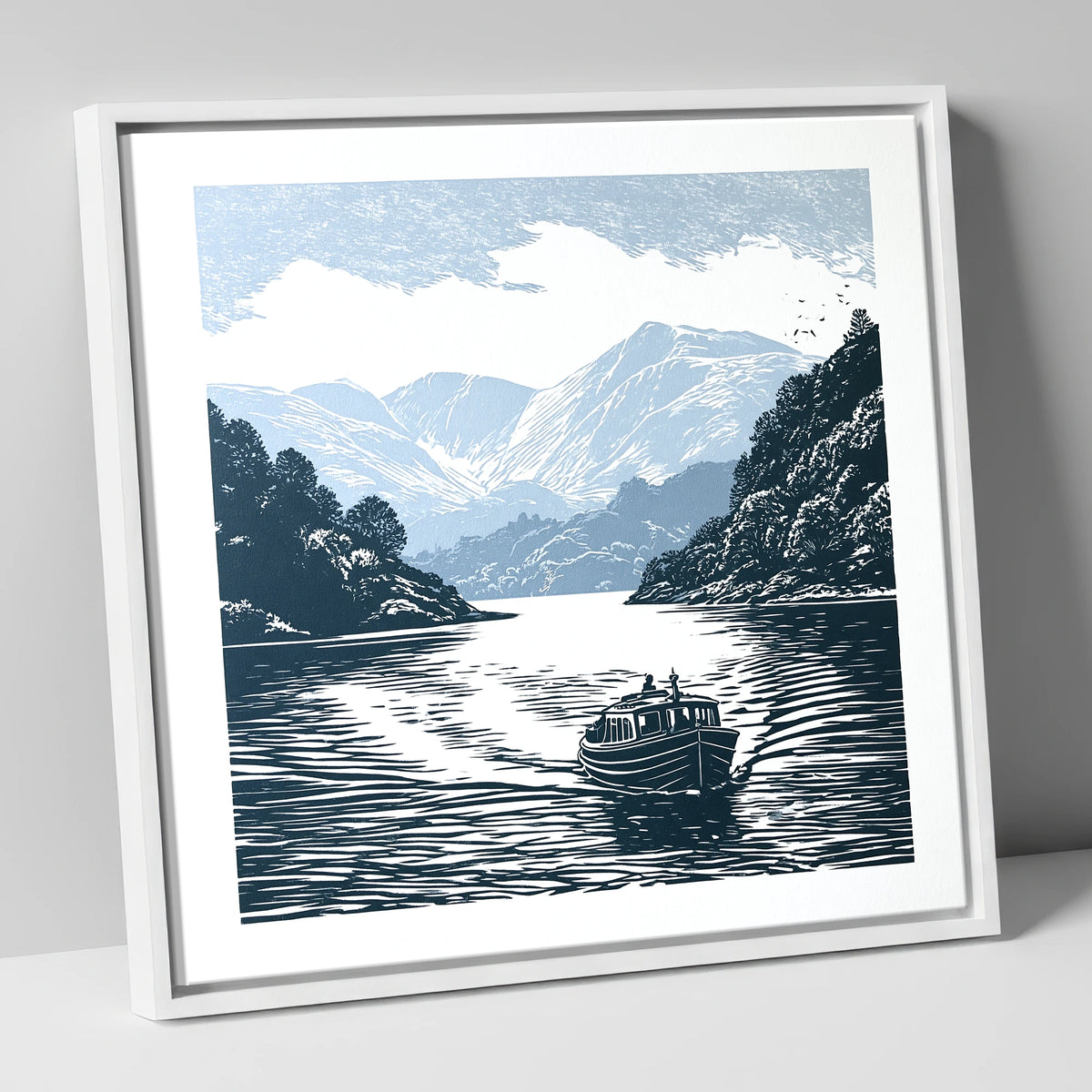 Coniston Water Launch in Navy lake district lake canvas wall art in white frame