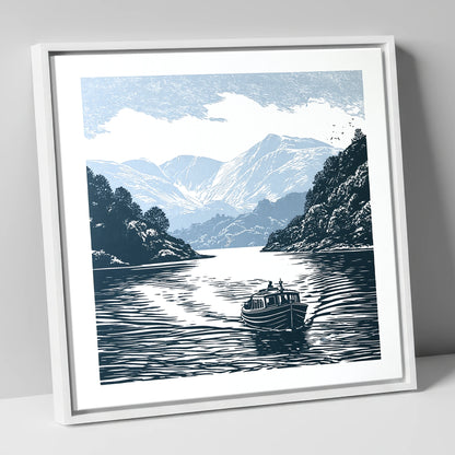 Coniston Water Launch in Navy lake district lake canvas wall art in white frame