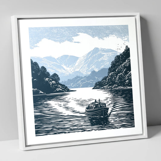 Coniston Water Launch in Navy lake district lake canvas wall art in white frame