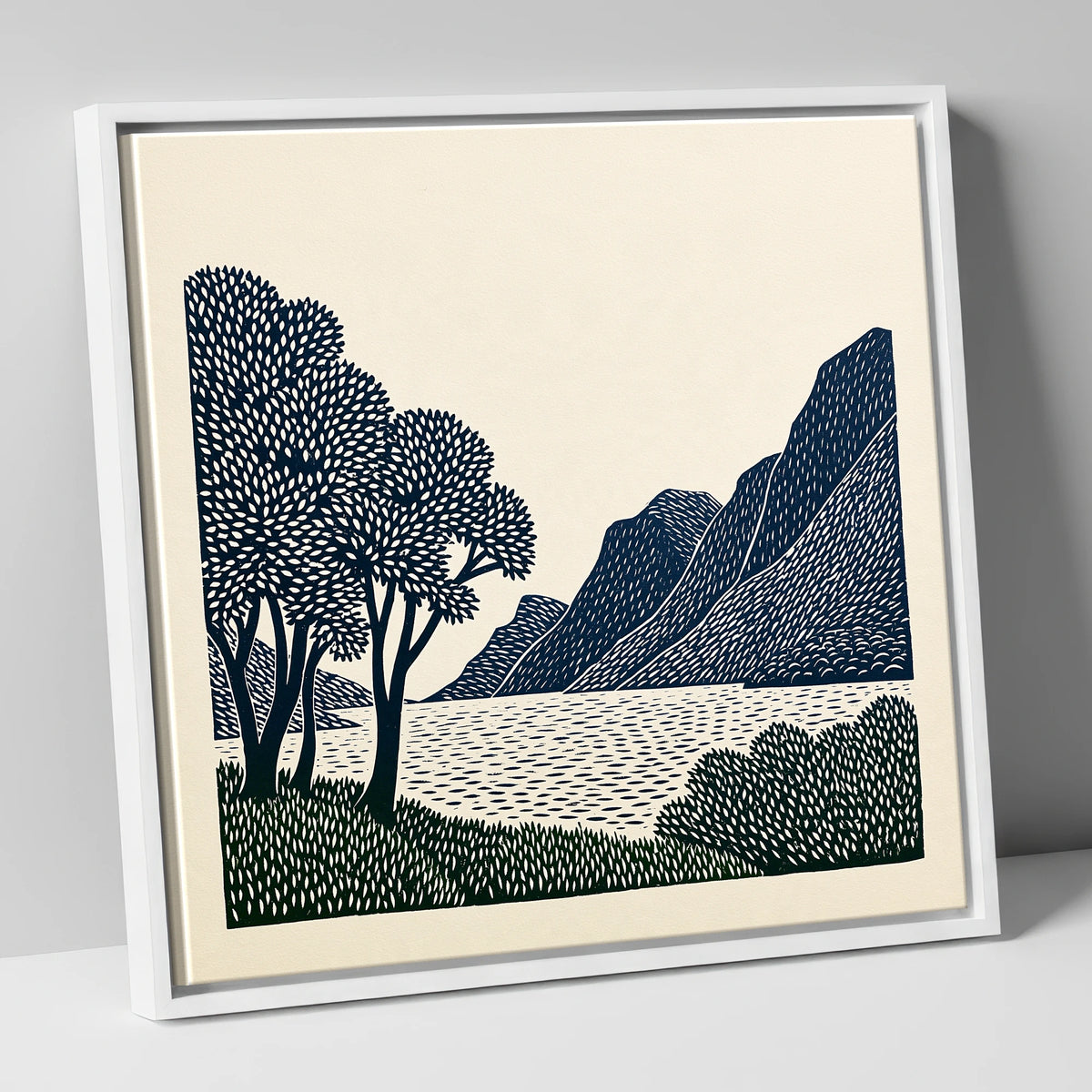 Navy Fells at Crummock Water lake district lake canvas wall art in white frame