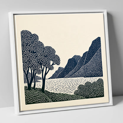 Navy Fells at Crummock Water lake district lake canvas wall art in white frame