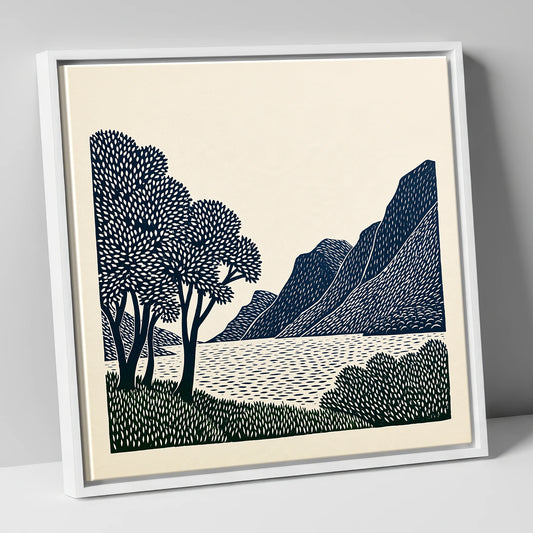 Navy Fells at Crummock Water lake district lake canvas wall art in white frame