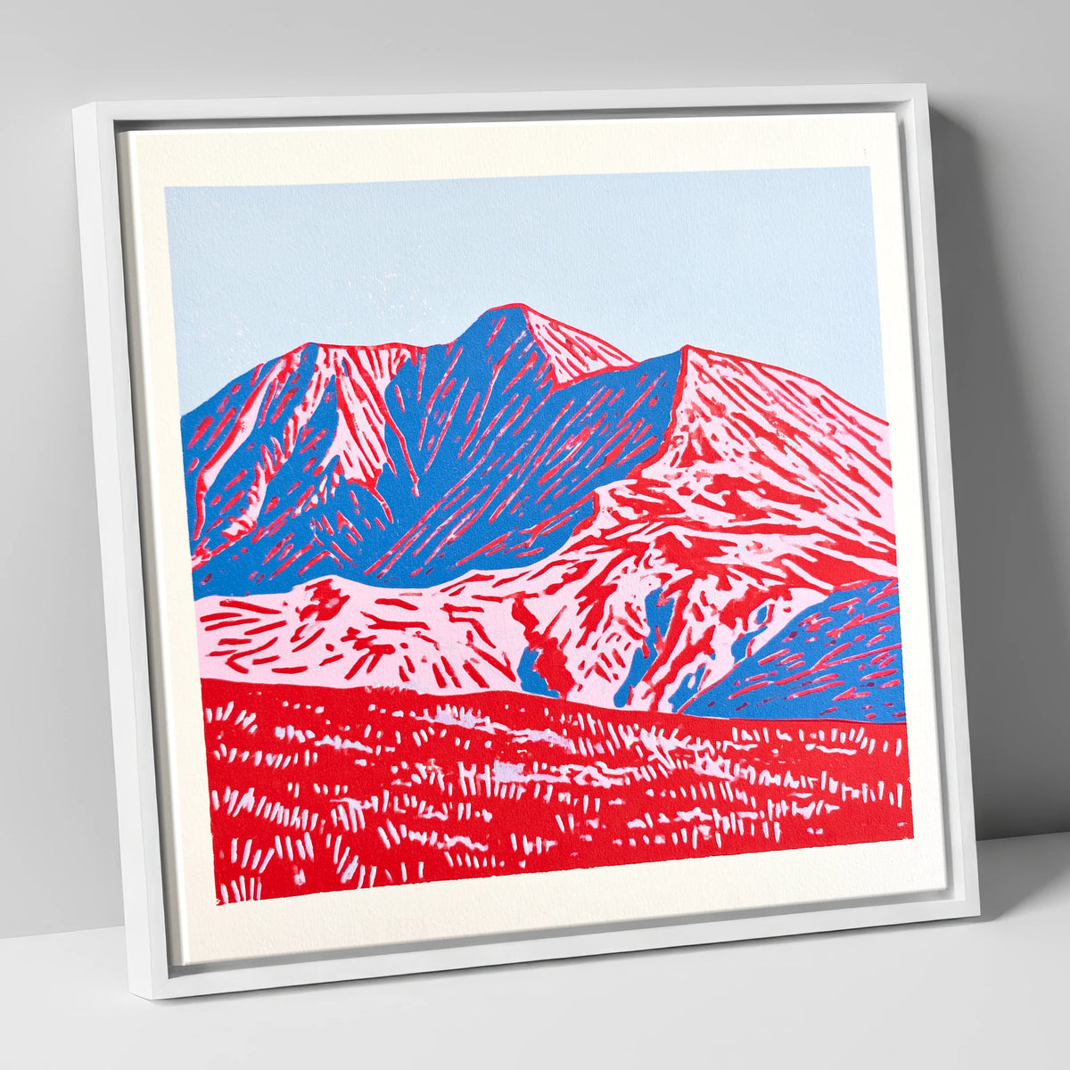 Graphic Red and Blue Helvellyn lake district fell canvas wall art in white frame