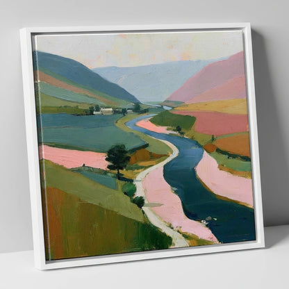 Winding River Valley in Pink lake district waterfall canvas wall art in white frame