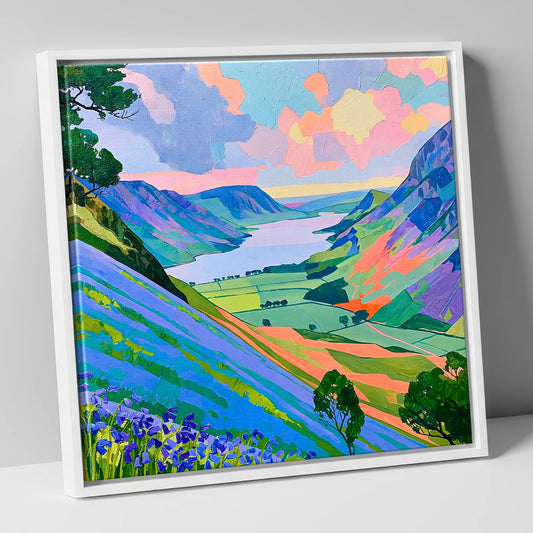 Rannerdale Bluebells Above Crummock Water lake district lake canvas wall art in white frame