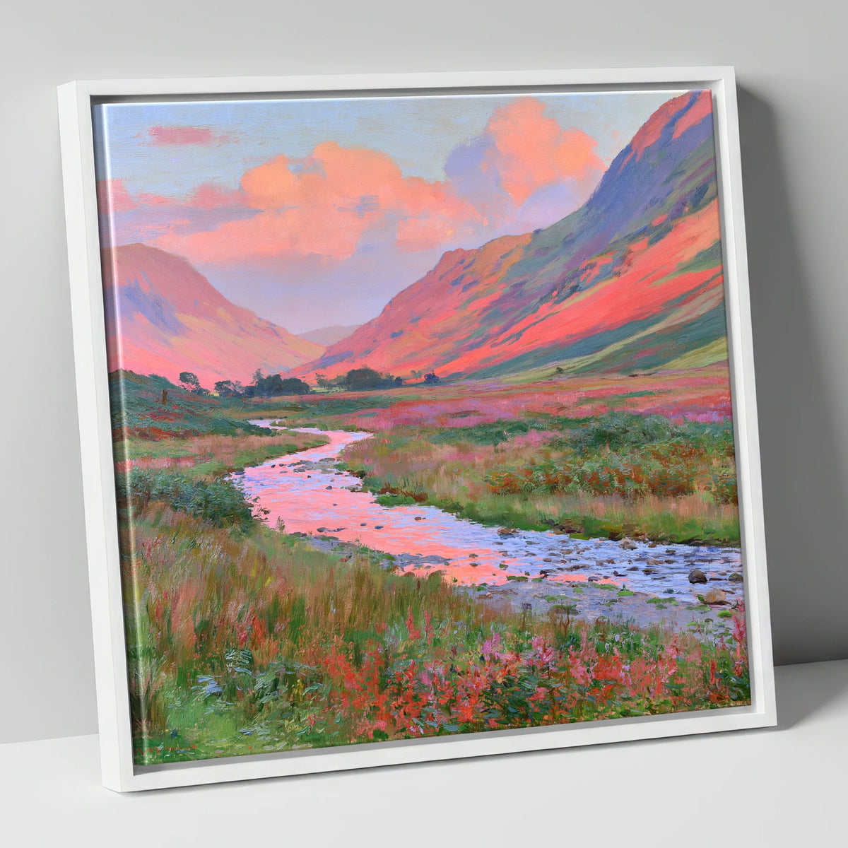 Winding Valley River at Sunset lake district waterfall canvas wall art in white frame