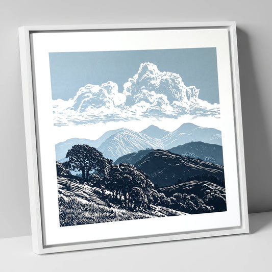 Rolling Fells Beneath Towering Clouds lake district fell canvas wall art in white frame