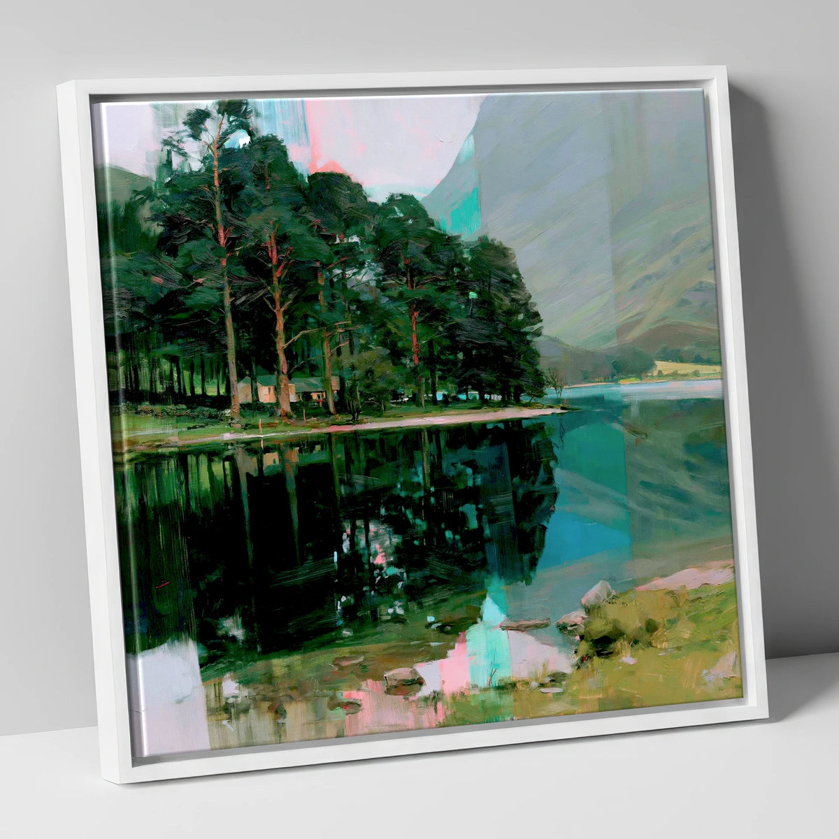 Buttermere Pines in Modern Light lake district lake canvas wall art in white frame