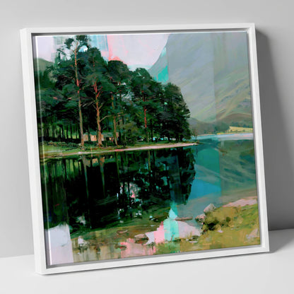 Buttermere Pines in Modern Light lake district lake canvas wall art in white frame
