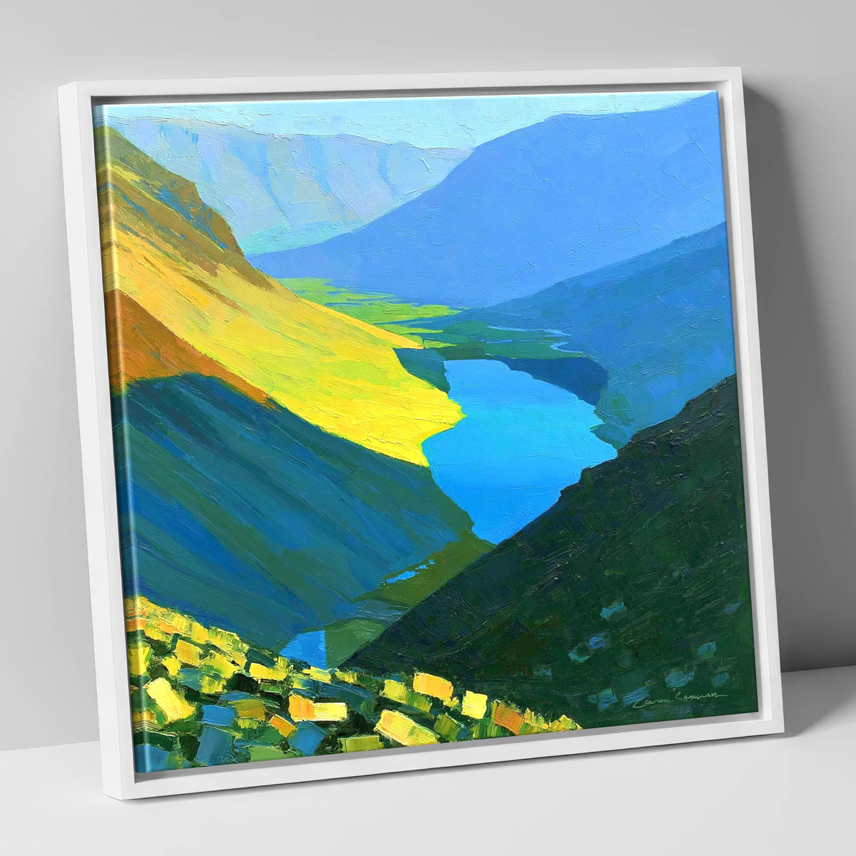 Vibrant Summit View Over Valley Lake lake district fell canvas wall art in white frame