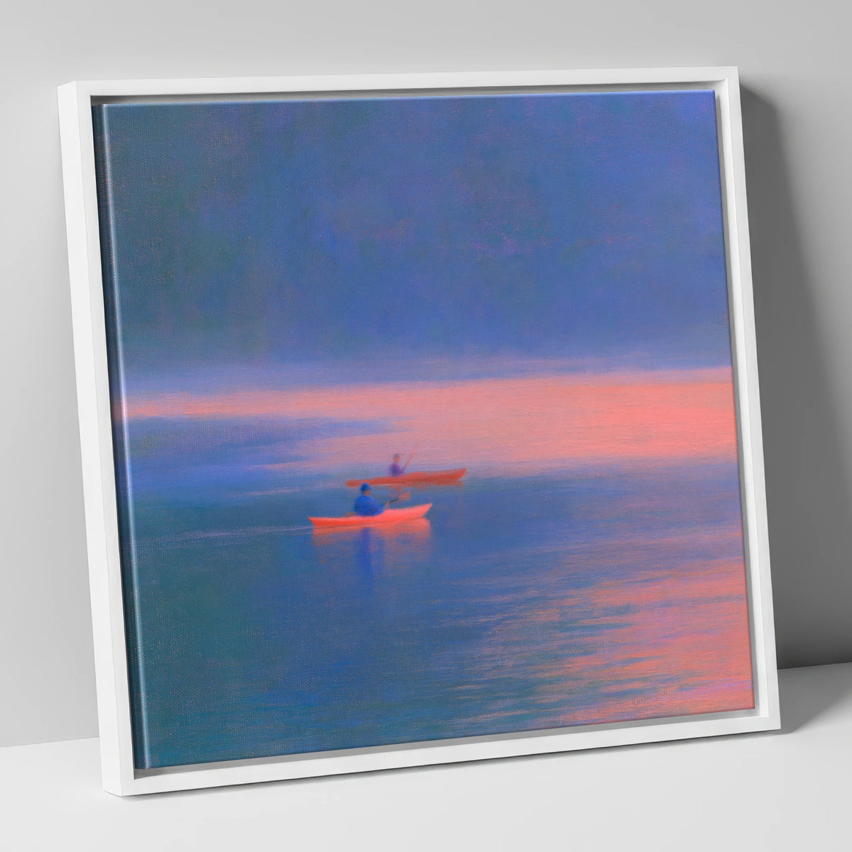 Twilight Kayaks on the Lake lake district walking canvas wall art in white frame