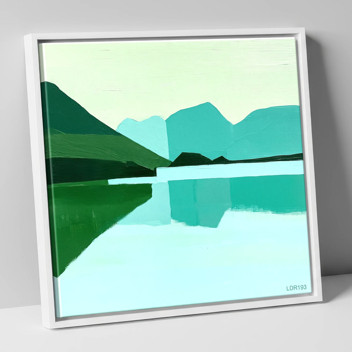 Loweswater Reflections in Bold Teal lake district lake canvas wall art in white frame