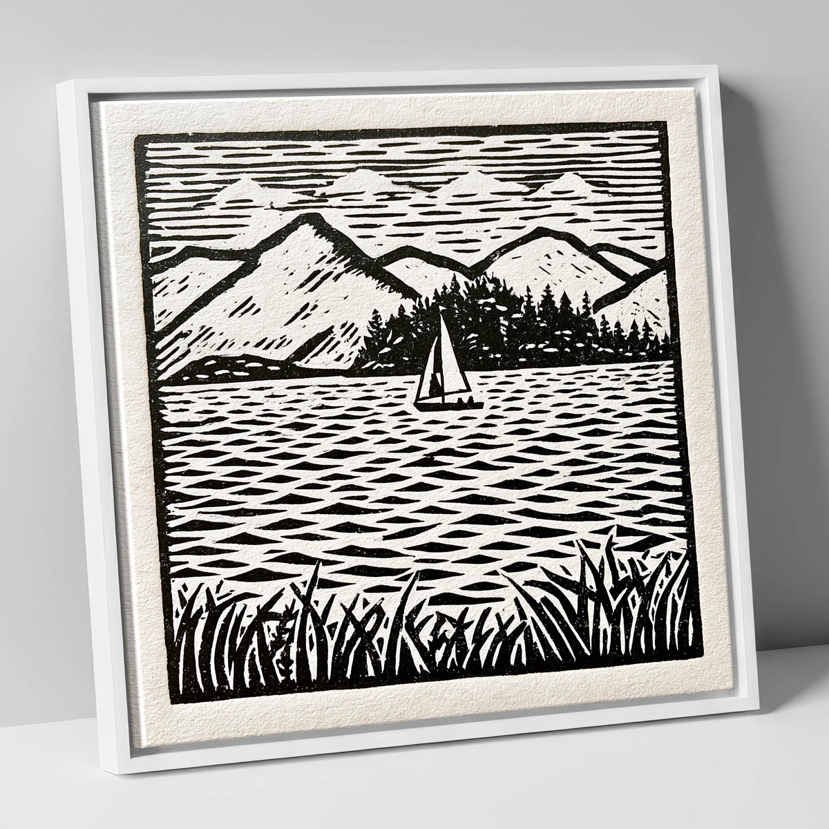 Monochrome Sailboat on Derwentwater lake district lake canvas wall art in white frame