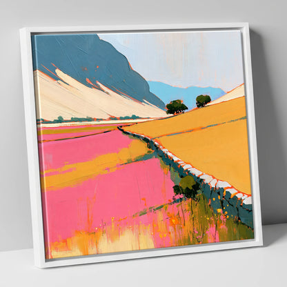 Bold Pink Valley Drystone Wall lake district valley canvas wall art in white frame