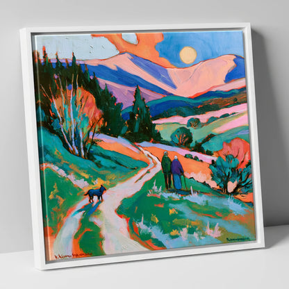 Colourful Keswick Dog Walk gifts for dog walkers canvas wall art in white frame