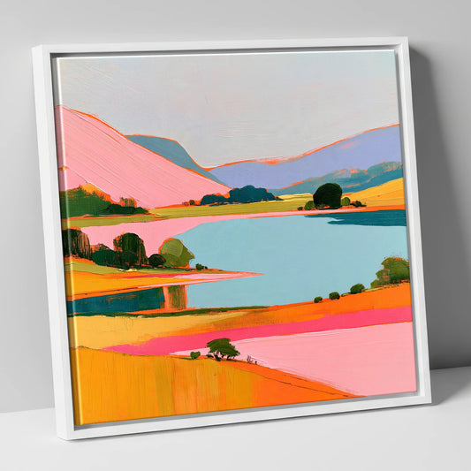 Pink Fells Over Teal Lake lake district lake canvas wall art in white frame