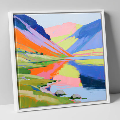 Lake Reflections in Bold Colour lake district lake canvas wall art in white frame