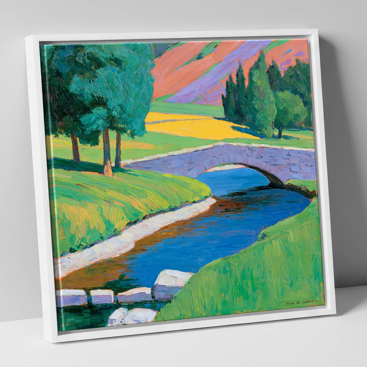 Stone Bridge and Purple Fells lake district waterfall canvas wall art in white frame