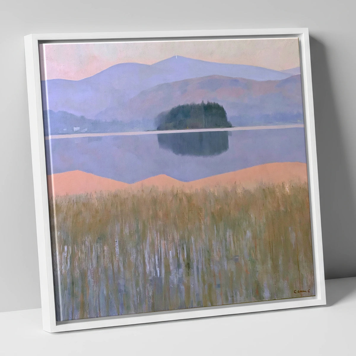 Grasmere Island and Pastel Fells lake district lake canvas wall art in white frame